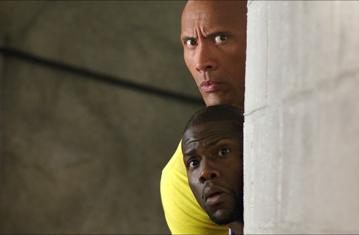 Dwayne Johnson as Robbie Weirdicht / Bob Stone and Kevin Hart as Calvin Joyner in the 2016 buddy action-comedy film Central Intelligence