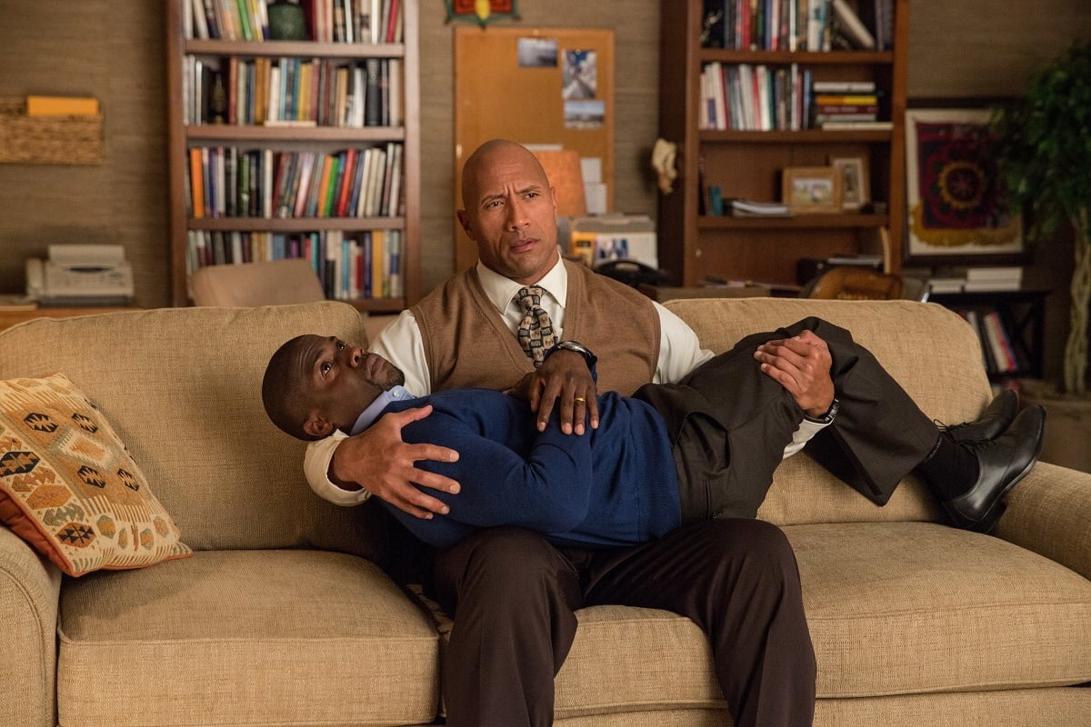 Dwayne Johnson as Robbie Weirdicht / Bob Stone and Kevin Hart as Calvin Joyner in the 2016 buddy action-comedy film Central Intelligence