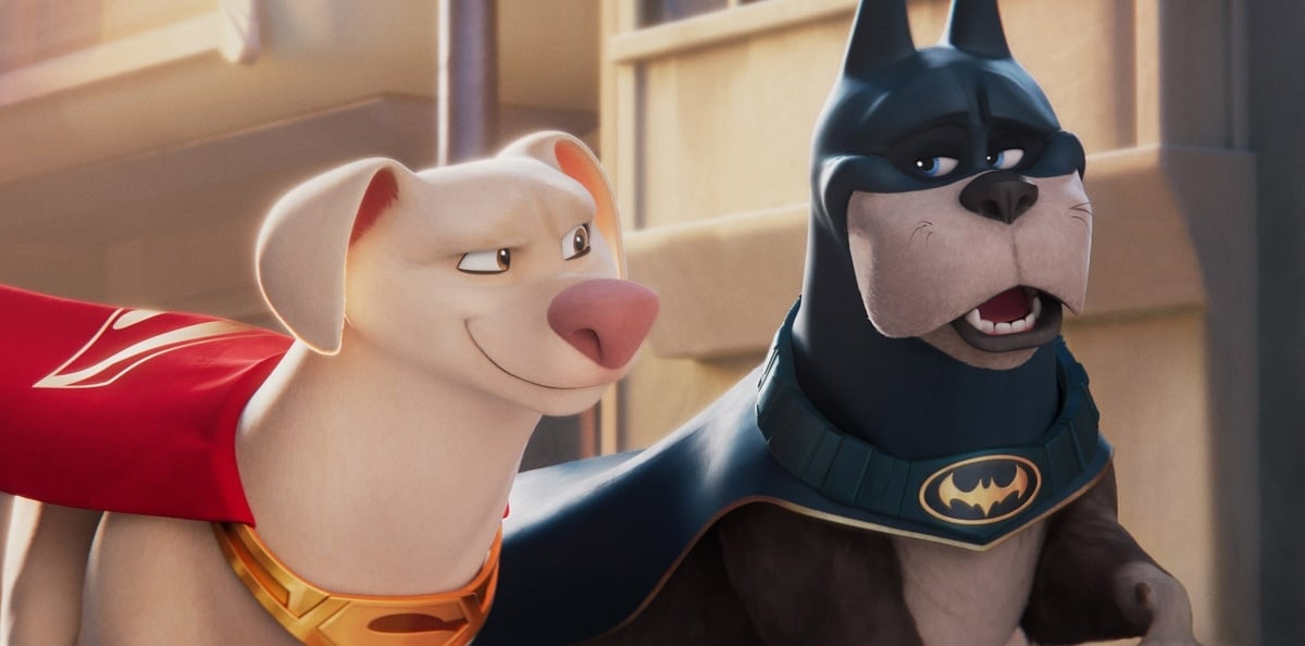 Dwayne Johnson as Krypto / Superdog and Kevin Hart as Ace / Bat-Hound in the 2022 3D computer-animated superhero comedy film DC League of Super-Pets