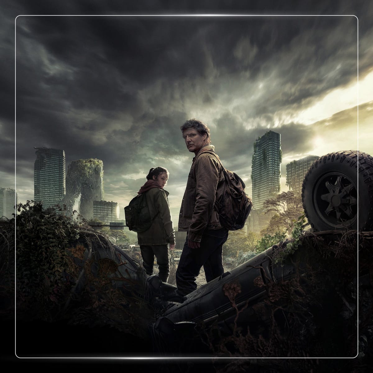 Promotional art for The Last of Us featuring Bella Ramsey as Ellie Williams and Pedro Pascal as Joel Miller
