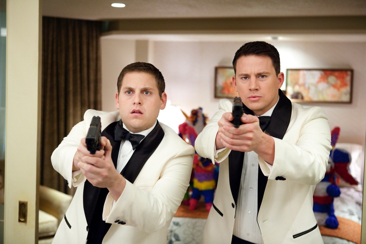 Jonah Hill as Morton Schmidt and Channing Tatum as Greg Jenko in the 2012 buddy cop action comedy film 21 Jump Street