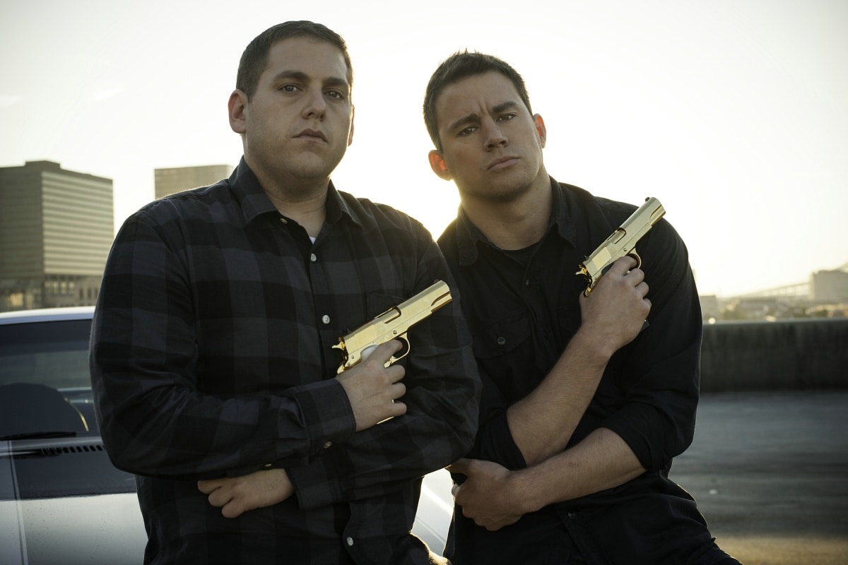 Jonah Hill as Officer Morton Schmidt and Channing Tatum as Officer Greg Jenko in the 2014 satirical buddy cop action comedy film 22 Jump Street