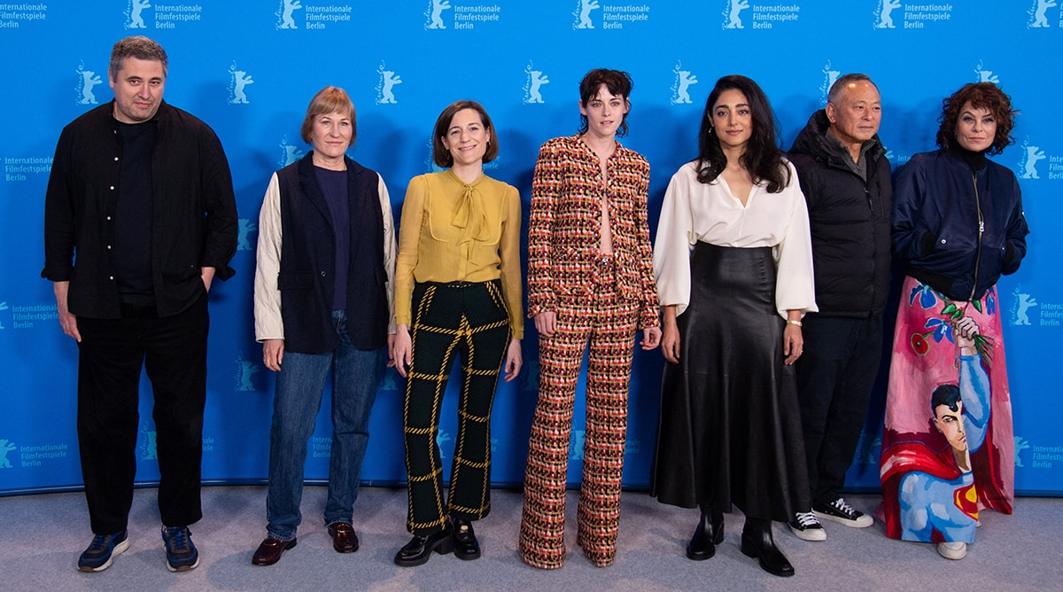 Jury members Radu Jude, Valeska Grisebach, Carla Simon, Kristen Stewart, Golshifteh Farahani, Johnnie To, and Francine Maisler at the 73rd Berlin International Film Festival on February 16, 2023