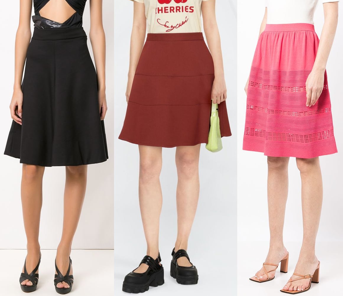 A-line skirts have a letter A-silhouette with a straight waistline and usually come with subtle pleats