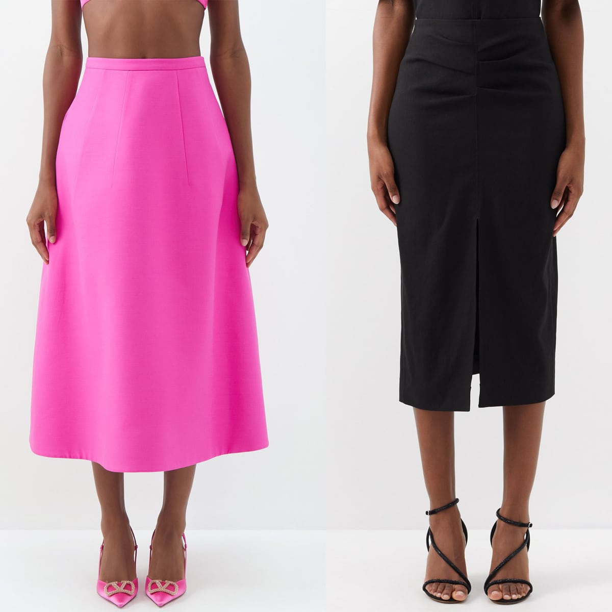 A-line skirts have a letter A silhouette that flares out at the hem, while pencil skirts have a straight silhouette