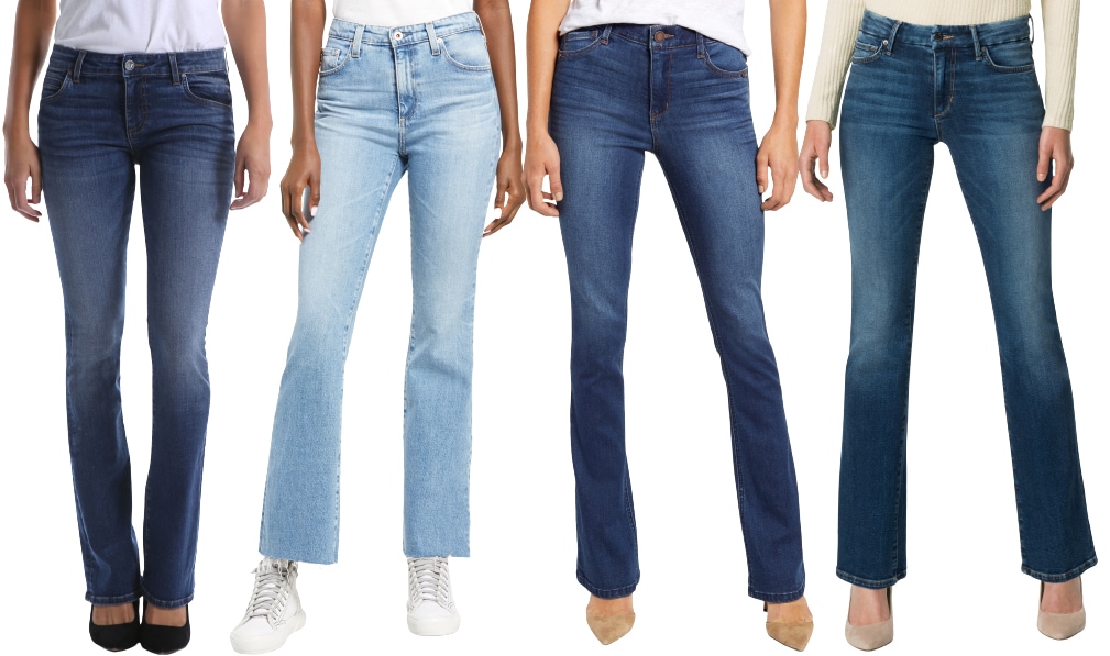Bootcut jeans taper at the thigh and flare out slightly at the ankles, offering a flattering and balanced look