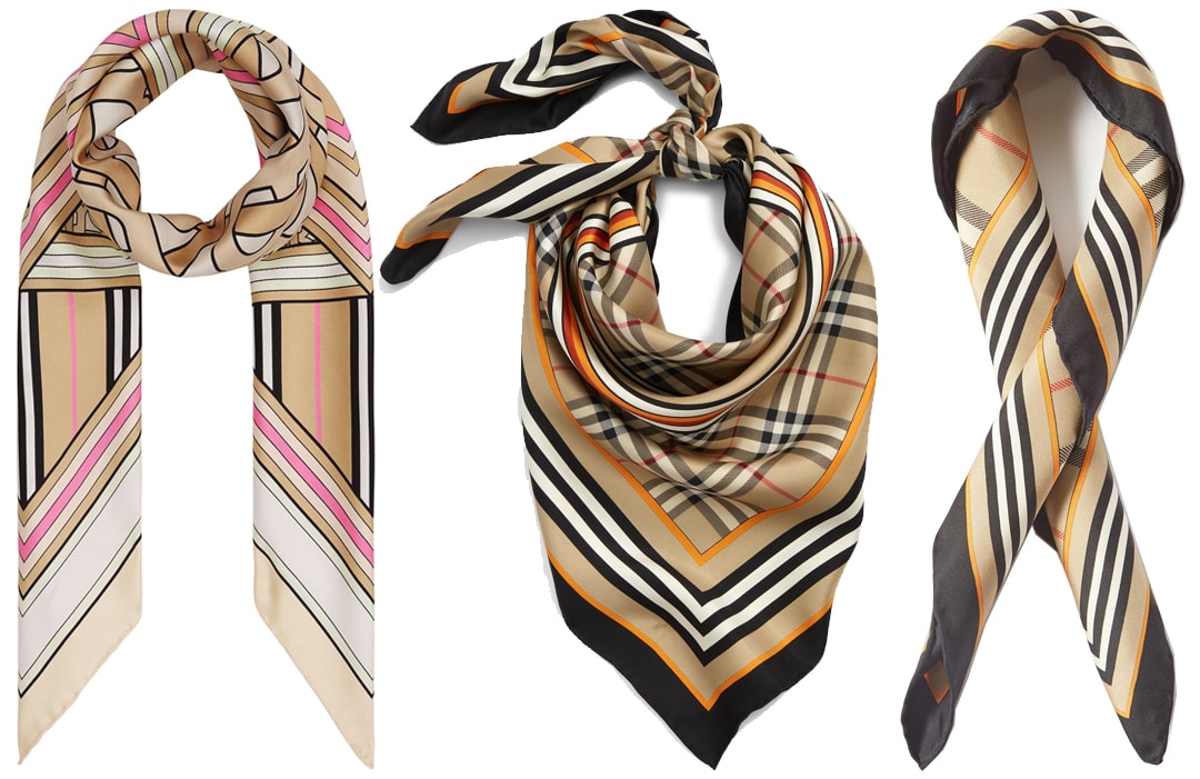 Aside from cashmere, Burberry also offers 100% silk scarves in iconic Burberry motifs