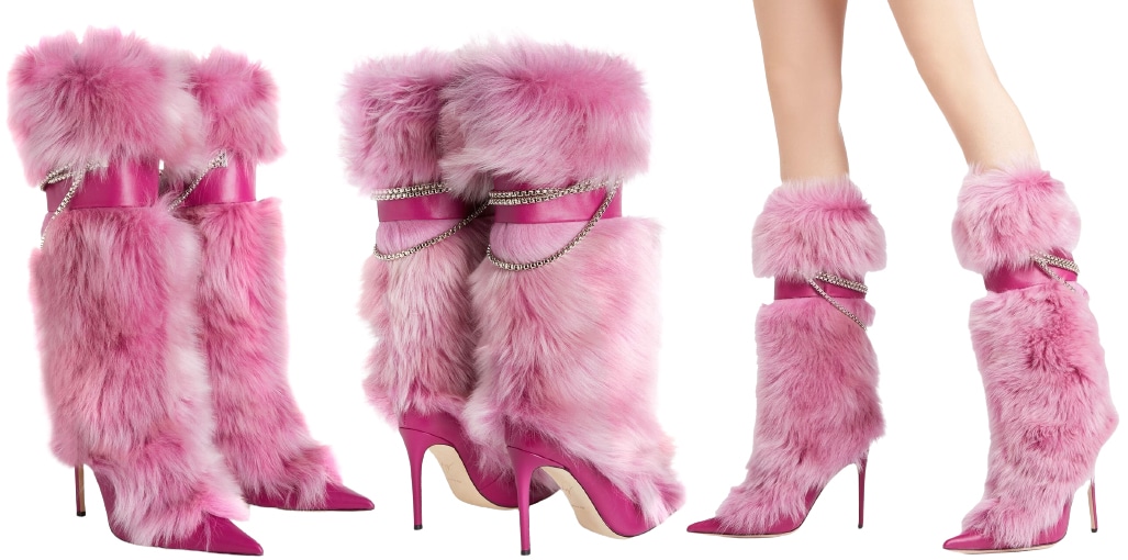 The Amaia Chain stiletto boots are crafted from real fuchsia fur with leather details and a silver metal chain accessory around the shaft