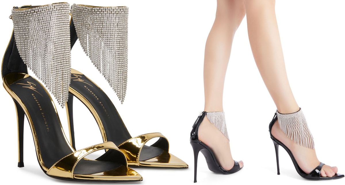 These light-catching heels feature an ankle strap adorned with a crystal rhinestone-embellished fringed accessory that wraps sensually around the ankle