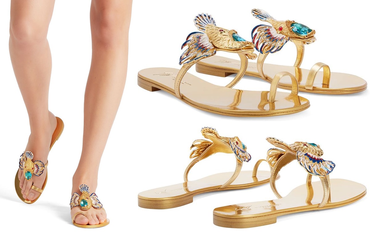 An intricate flat toe-ring sandal, the metallic gold Spipiott comes with enamel detail and gemstones intricately placed on top