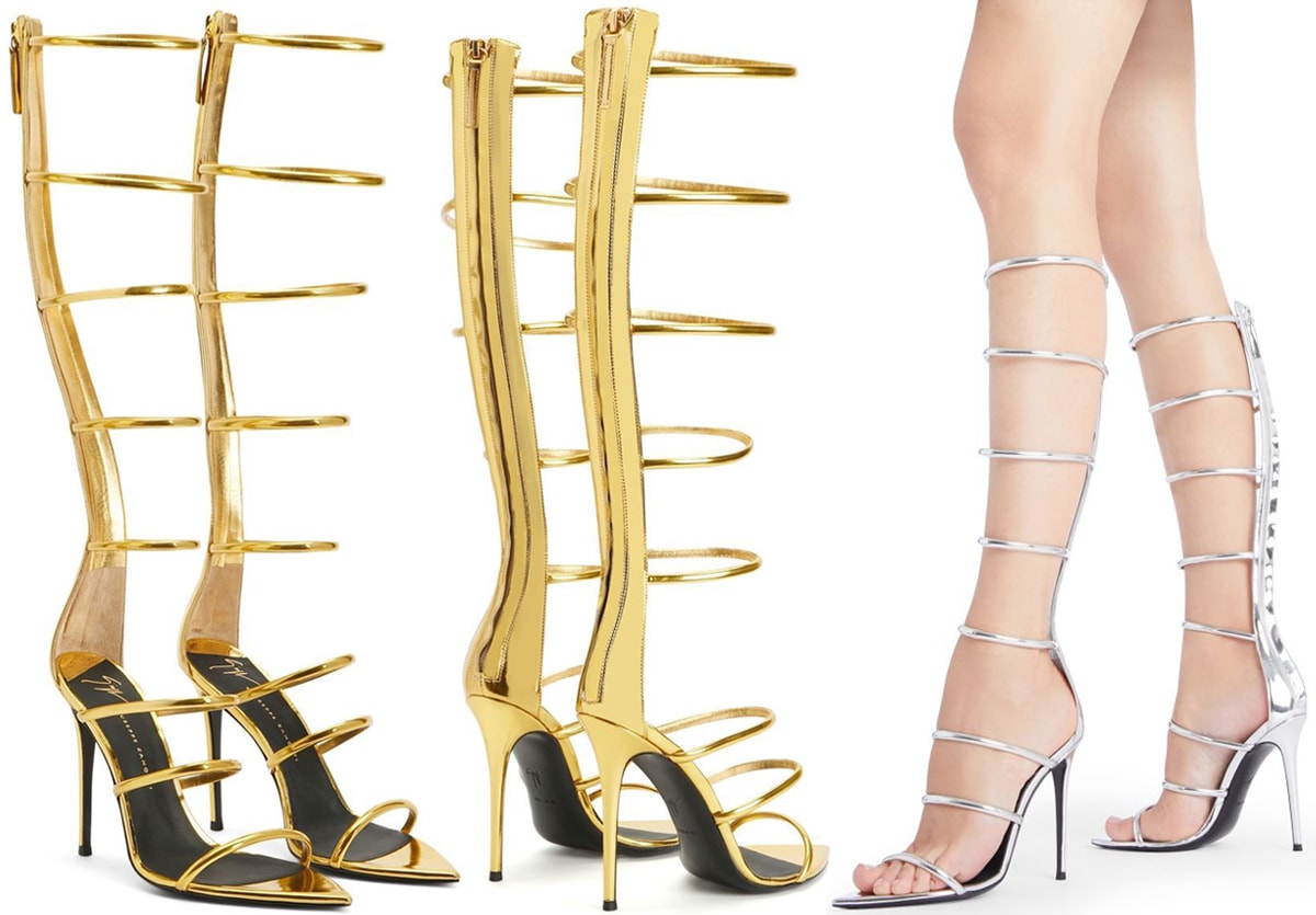 The Super Intriigo is a pair of knee-high caged gladiator sandals crafted from mirror metallic leather with puffy straps, a rear zip closure, and covered stiletto heels