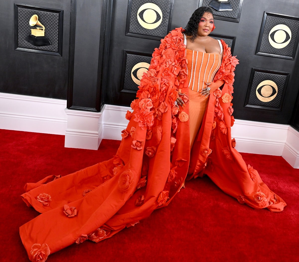 Lizzo walked the red carpet at the 65th annual Grammy Awards in a cherry-colored Dolce & Gabbana gown with floral accents