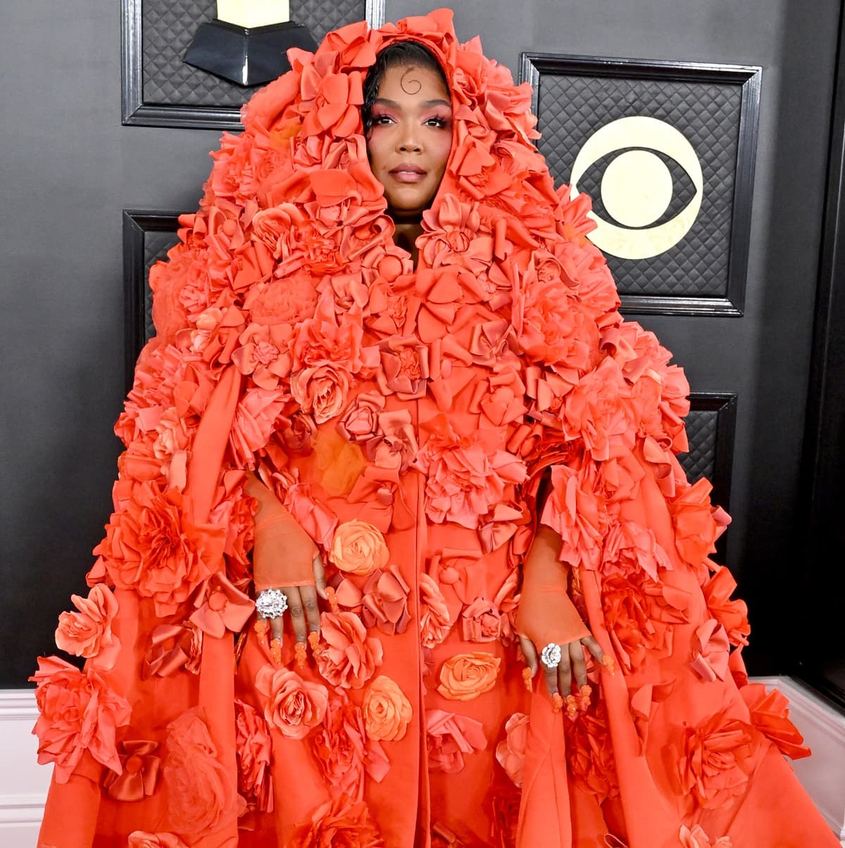 Lizzo made a stunning appearance at the 2023 Grammy Awards in a vibrant orange Dolce & Gabbana gown styled with sheer fingerless gloves and diamond flower-shaped rings, a flower behind her ear, and blood-orange eyeshadow