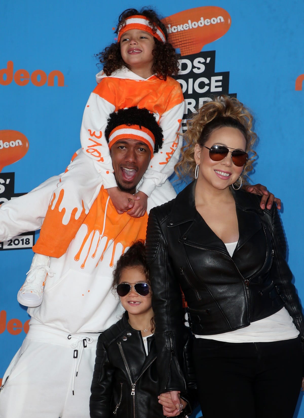 Mariah Carey and Nick Cannon at the 2018 Kids' Choice Awards with their twins, Moroccan and Monroe, who sported matching outfits to their parents