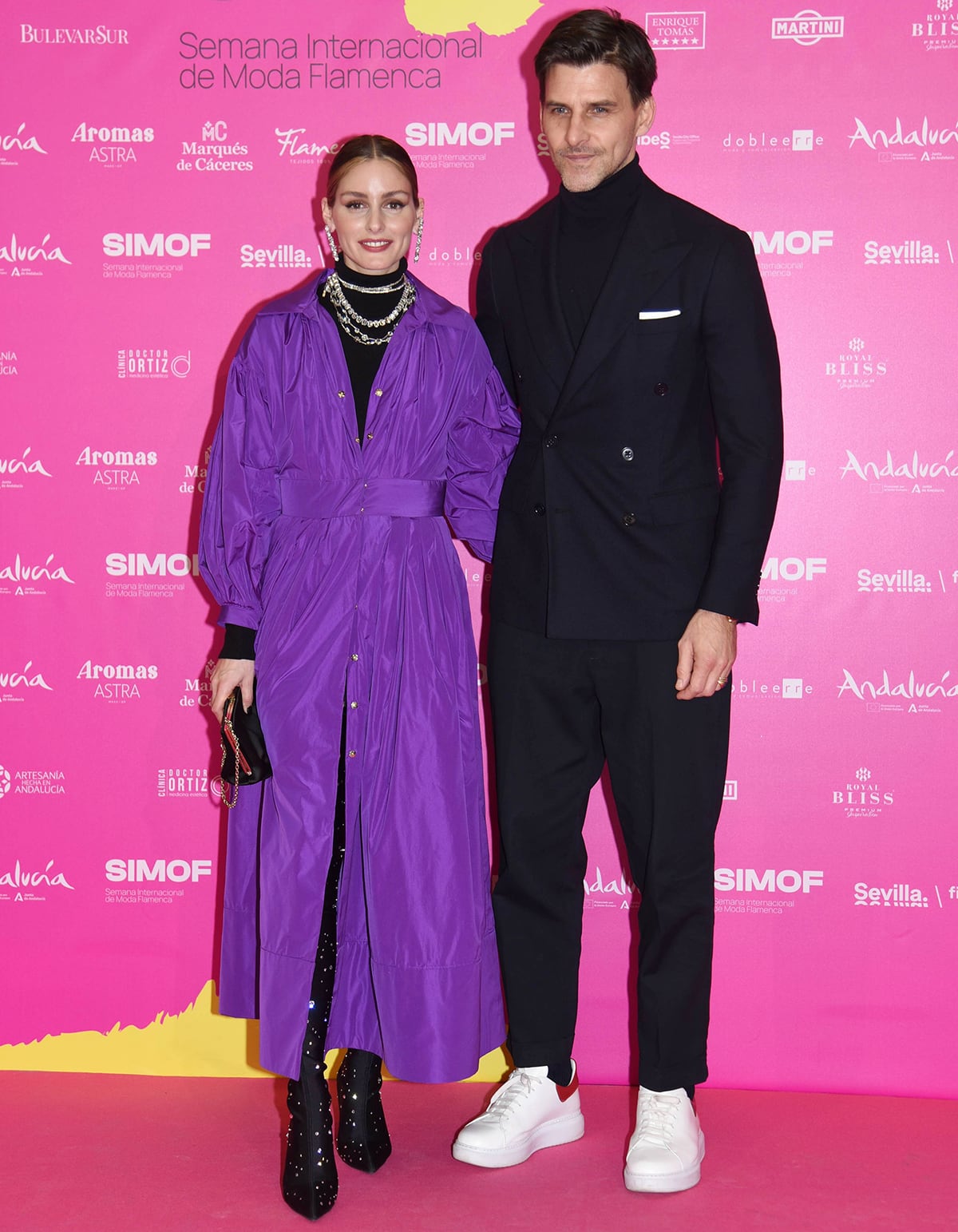 Olivia Palermo and her husband Johannes Huebl attend the launch of the 2023 Semana De Moda Flamenca (SIMOF) in Seville, Spain on January 26, 2023