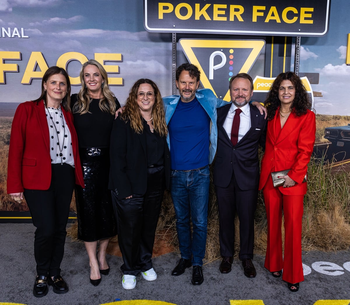 Lisa Katz, President of Scripted Content at NBCUniversal, Kelly Campbell, President of Peacock, Susan Rovner, Chairman, Entertainment Content, NBCUniversal, Rian Johnson, Ram Bergman, and Nena Rodrigue attend the Los Angeles premiere for the Peacock original series "Poker Face"