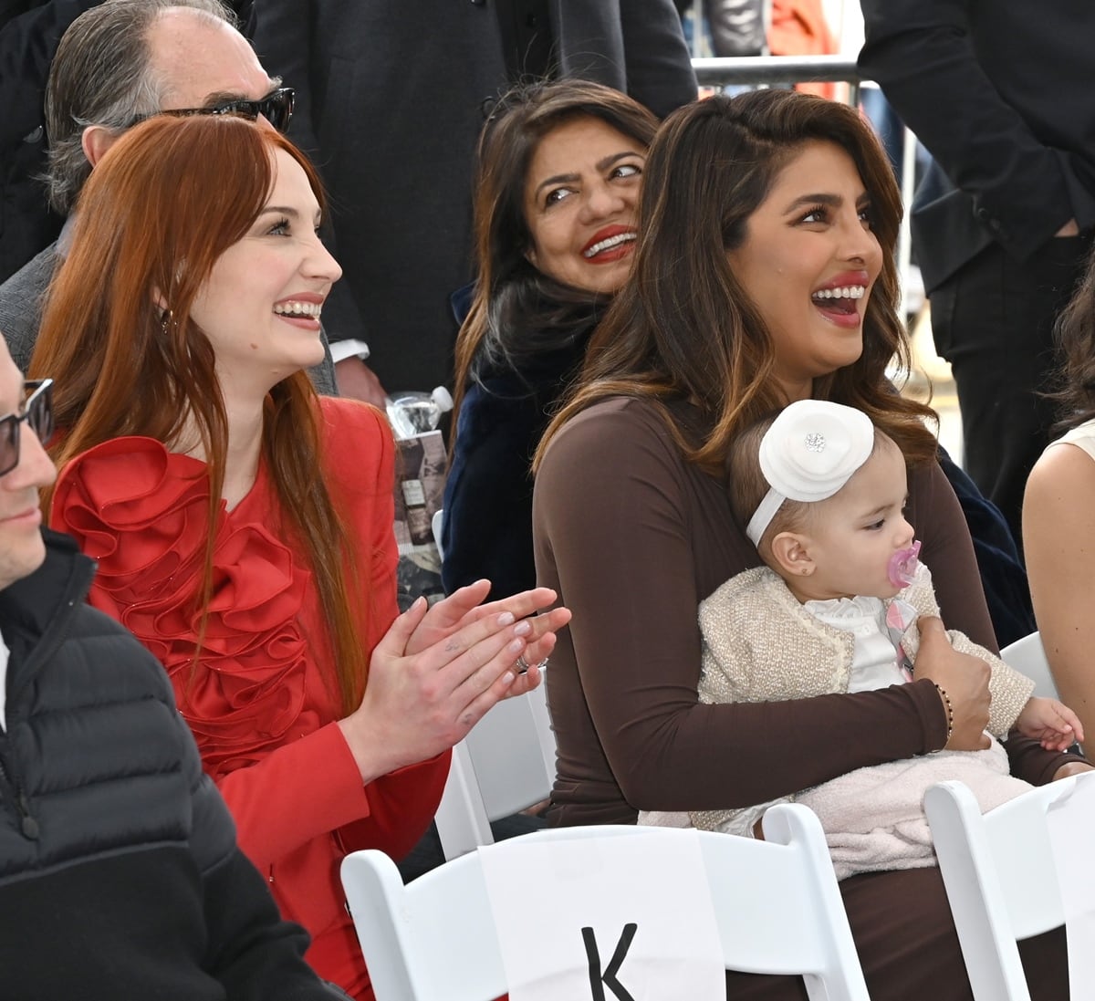 From left to right, Sophie Turner, Priyanka Chopra, and Malti Marie Chopra Jonas attended an event honoring The Jonas Brothers with a star on the Hollywood Walk of Fame