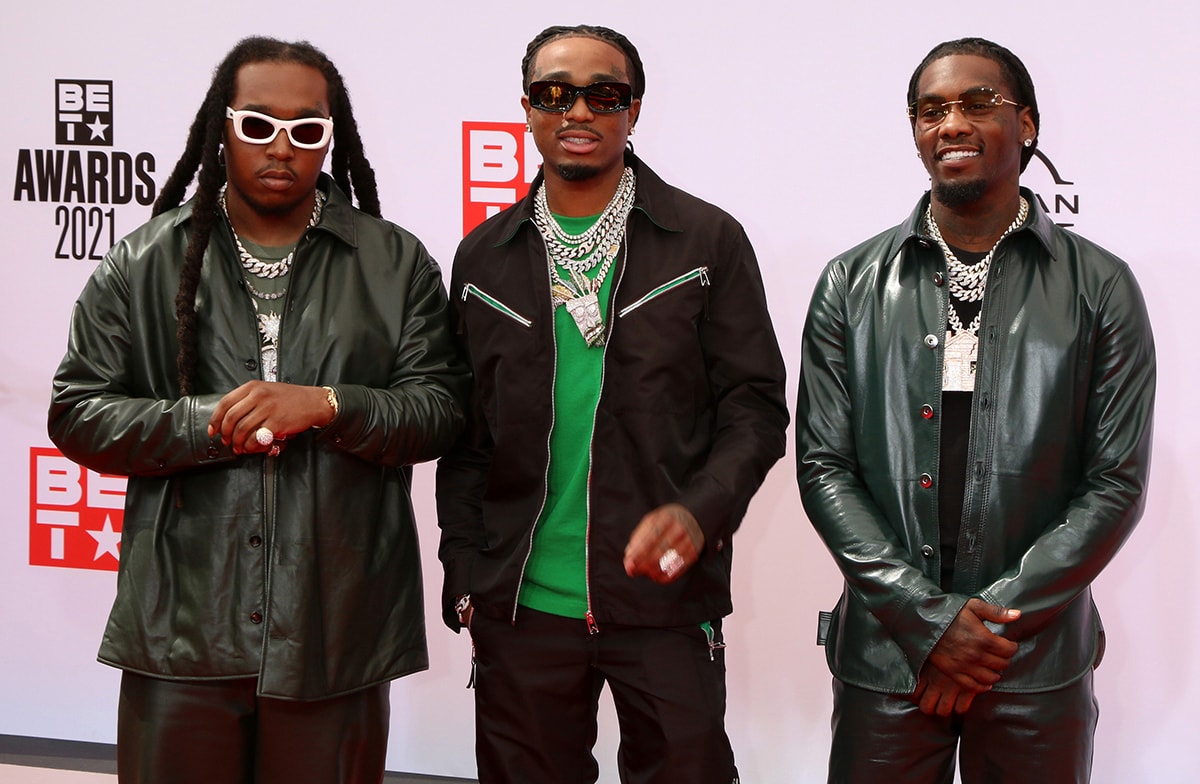 The late rapper Takeoff with Migos members Quavo and Offset at 2021 BET Awards