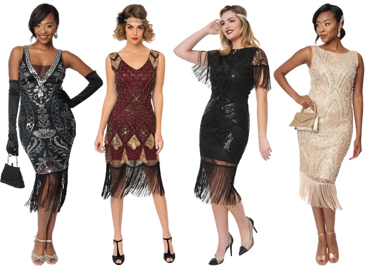 Unique Vintage Black and Silver Sequin Sleeveless Fringe Flapper Dress; Unique Vintage 1920s Champagne Sequin and Pearl Flapper Dress; Unique Vintage 1920s Black Sequin Sleeved Laure Flapper Dress; Unique Vintage 1920s Burgundy and Gold Sequin Lina Fringe Flapper Dress