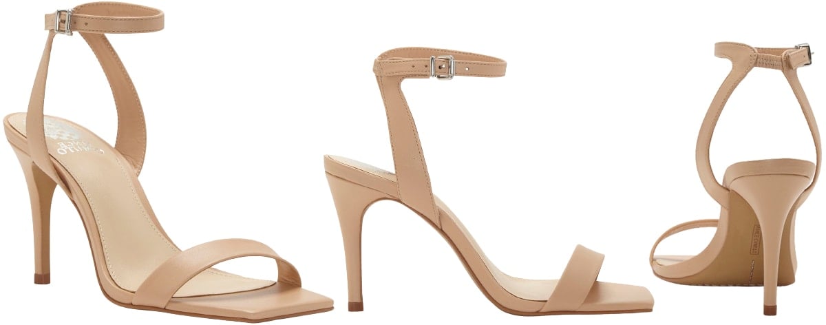 The Saprenda 2 by Vince Camuto has a trendy open square toe, ankle strap, and slim heel