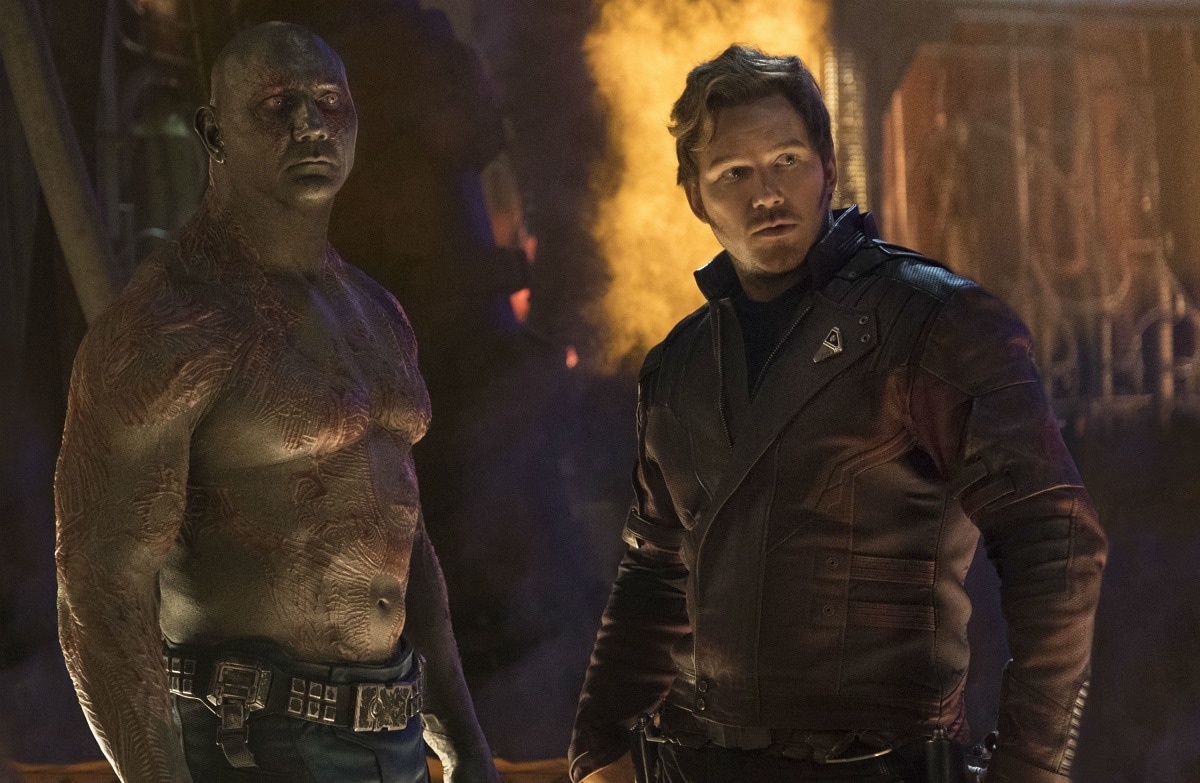 Dave Bautista as Drax the Destroyer and Chris Pratt as Peter Quill / Star-Lord in the 2018 superhero film Avengers: Infinity War