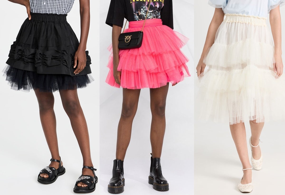 Ballet skirts are composed of layered tulle fabrics and usually come in neutral or muted pastels