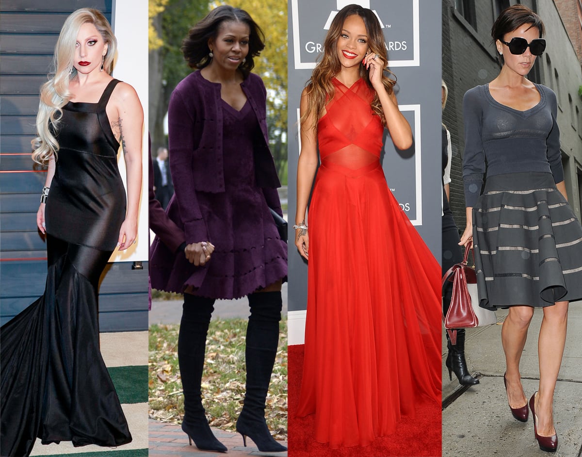 Lady Gaga, Michelle Obama, Rihanna, and Victoria Beckham wearing Alaia gowns and dresses