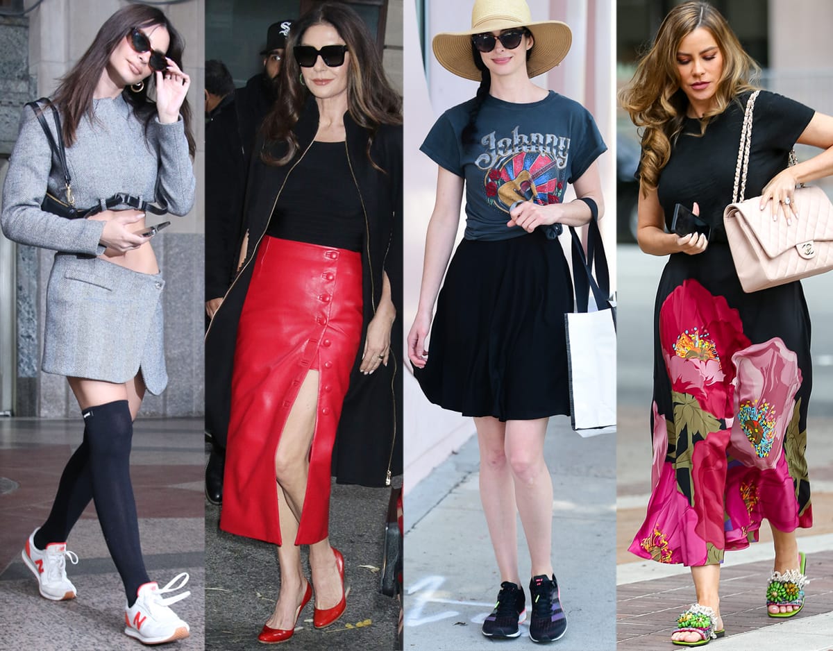 Emily Ratajkowski, Catherine Zeta-Jones, Krysten Ritter, and Sofia Vergara wearing different types of skirts