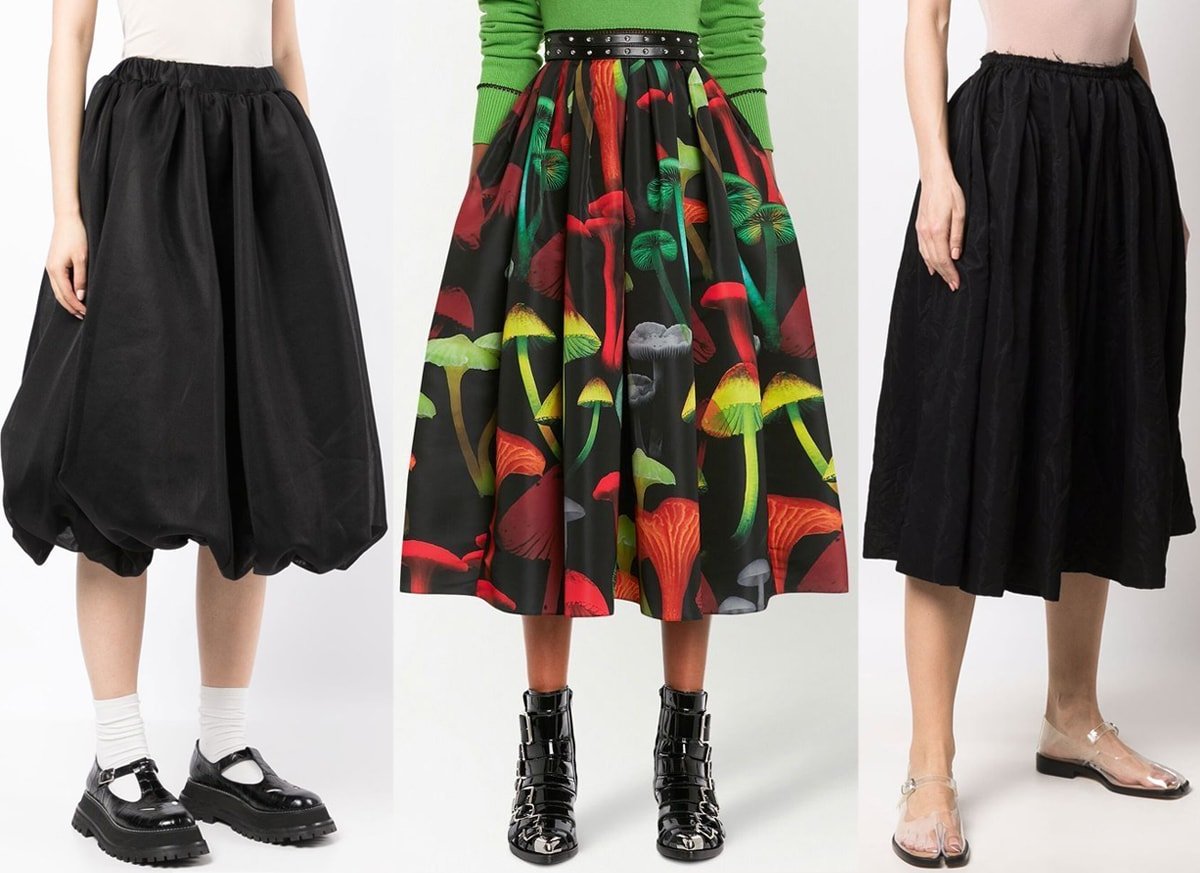 High-waisted flared skirts with pleats should help hide your tummy