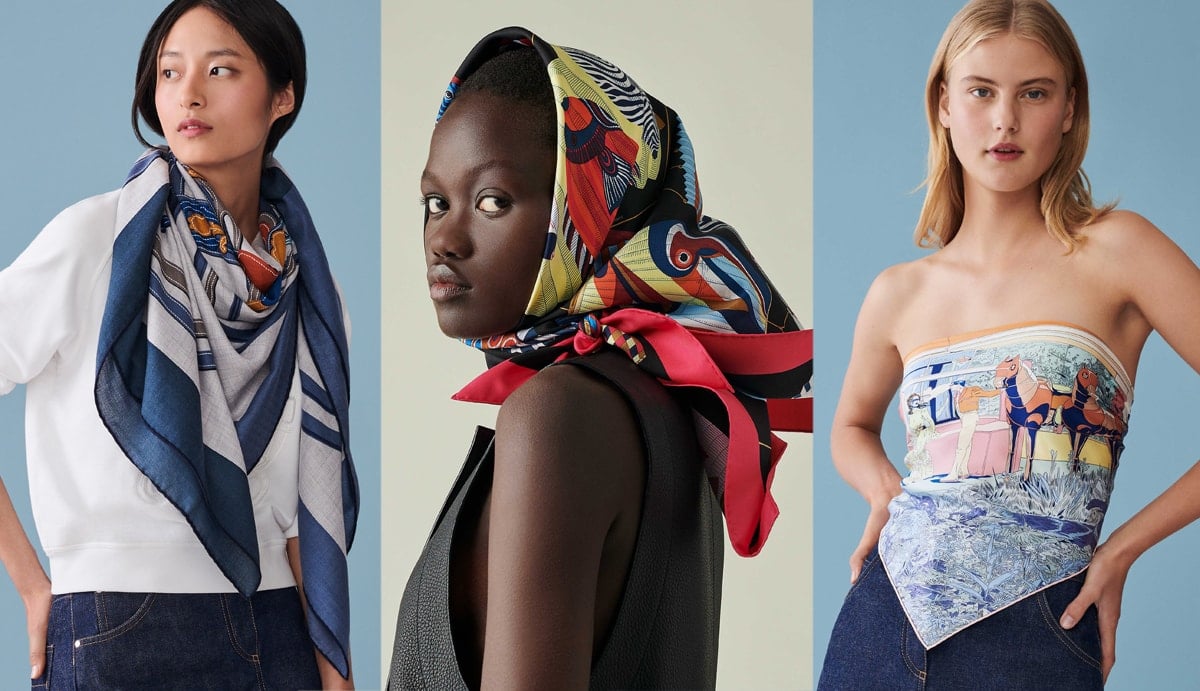 Hermes scarves can be worn as a normal scarf around the neck, a head wrap, or even a tube top