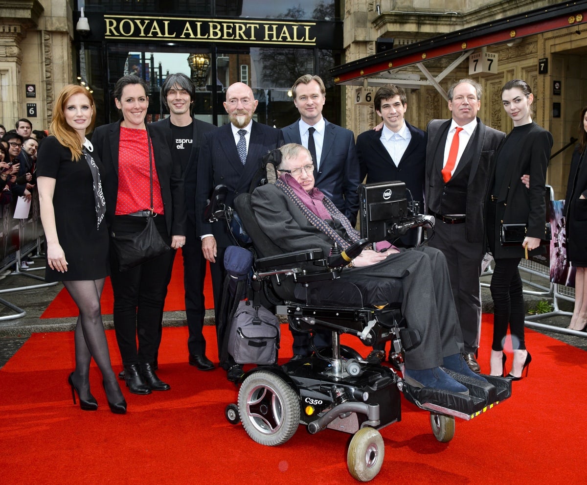 Jessica Chastain, producer Emma Thomas, Professor Brian Cox, theoretical physicist Kip Thorne, writer and director Christopher Nolan, composer Hans Zimmer, and legendary physicist Stephen Hawking attending Interstellar Live at the Royal Albert Hall