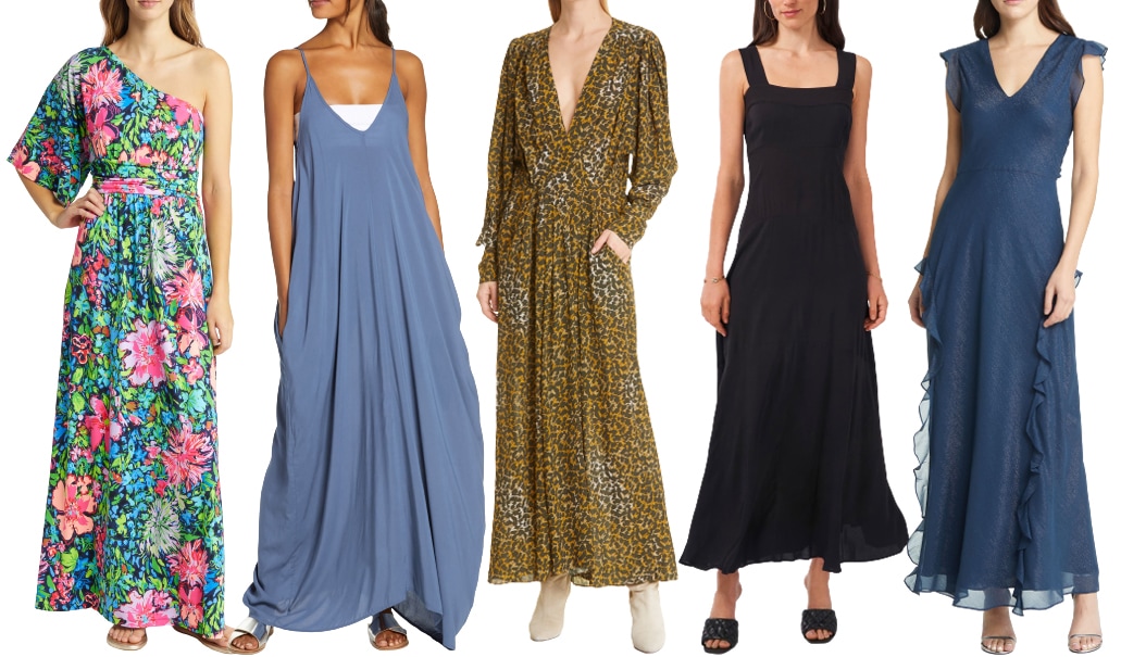 A maxi dress is a full-length dress with a hem that sits at the ankles