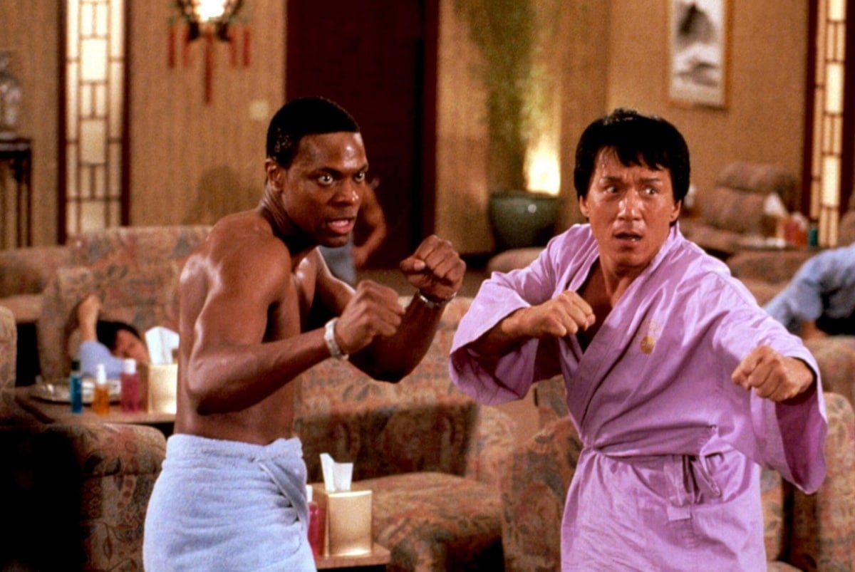 Chris Tucker as Detective James Carter and Jackie Chan as Chief Inspector Lee in the 2001 buddy action-comedy film Rush Hour 2