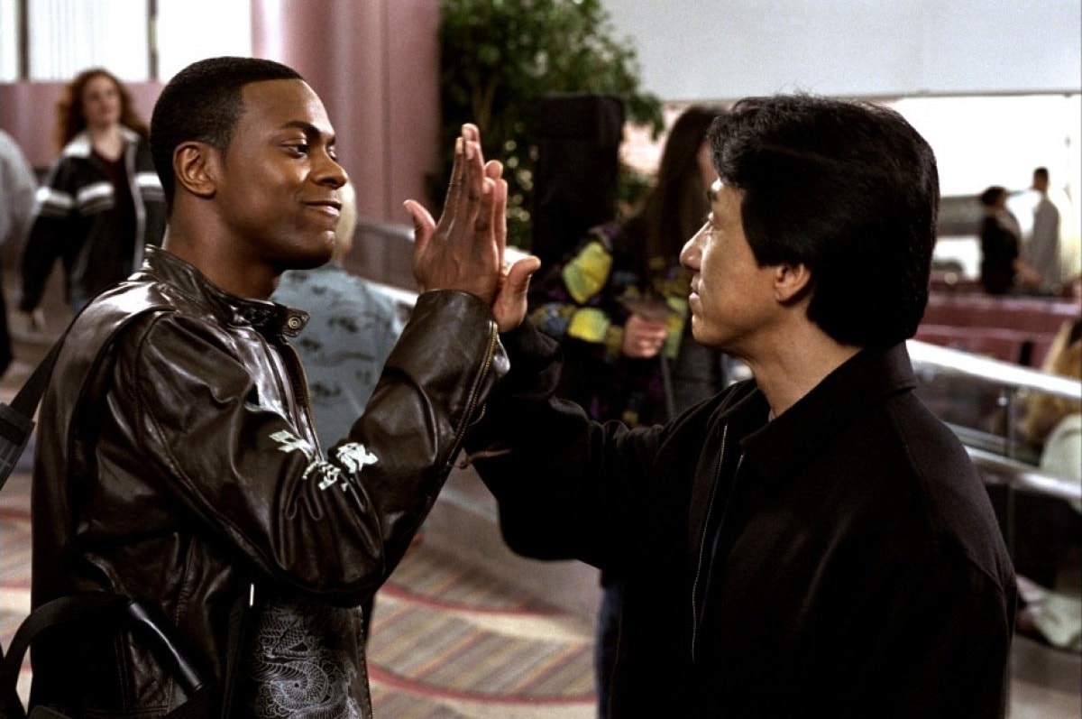 Chris Tucker as Detective James Carter and Jackie Chan as Chief Inspector Lee in the 2001 buddy action-comedy film Rush Hour 2
