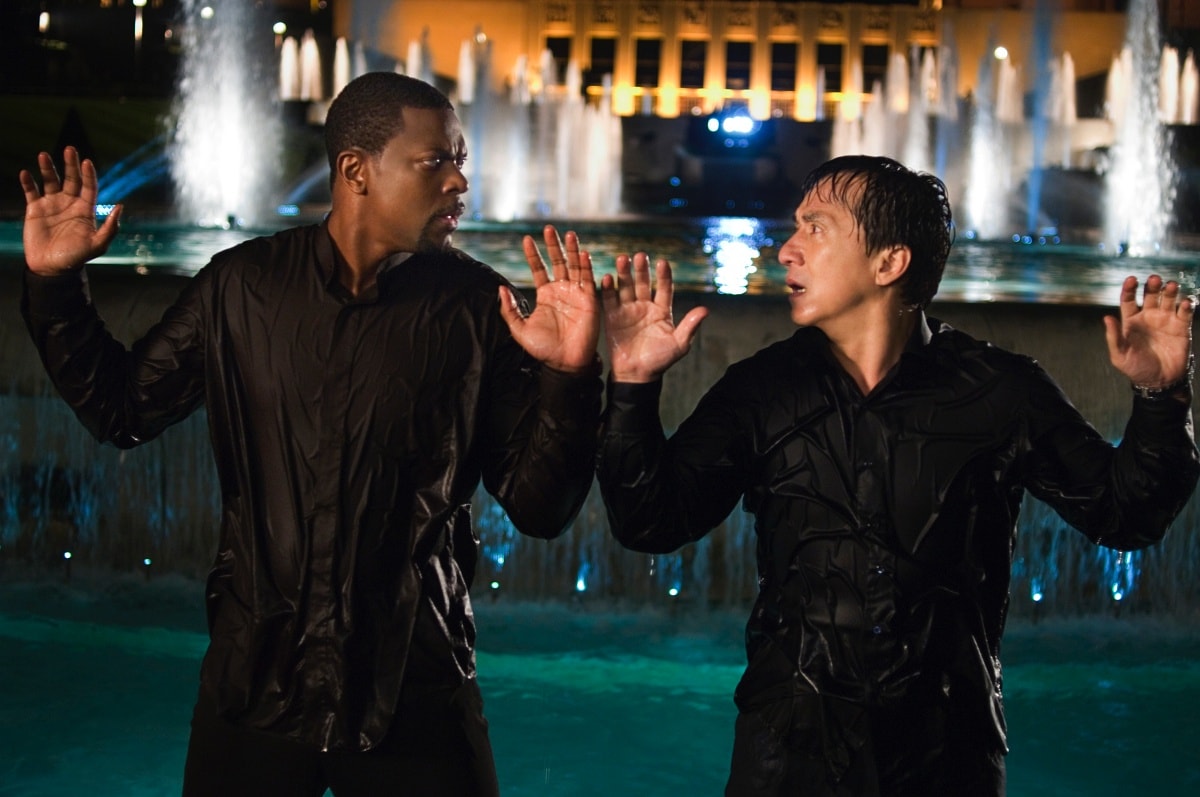 Chris Tucker as Detective James Carter and Jackie Chan as Chief Inspector Lee in the 2007 buddy action-comedy film Rush Hour 3