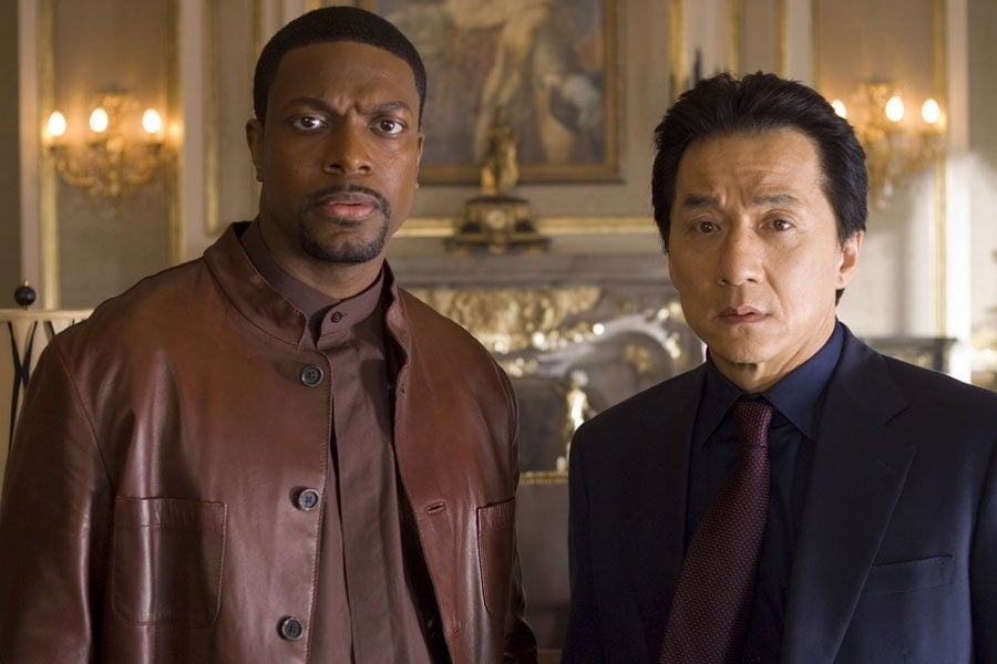 Chris Tucker as Detective James Carter and Jackie Chan as Chief Inspector Lee in the 2007 buddy action-comedy film Rush Hour 3