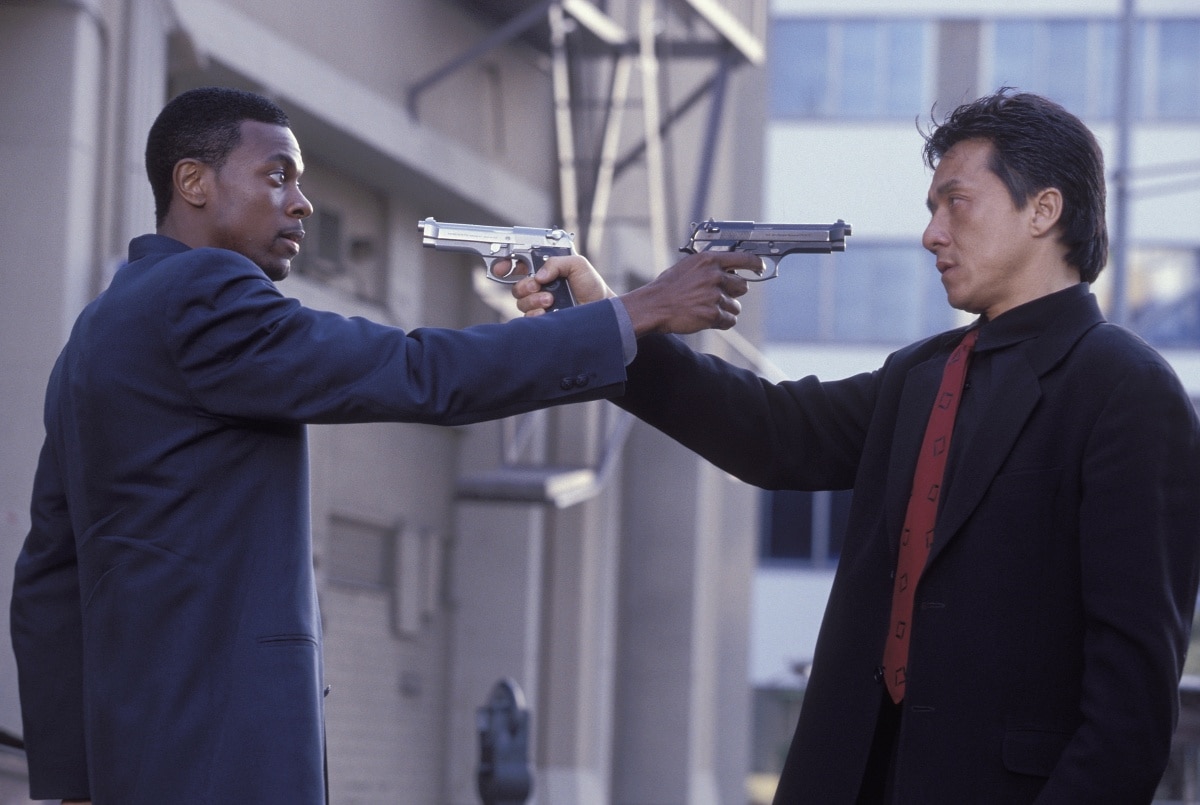 Chris Tucker as Detective James Carter and Jackie Chan as Chief Inspector Lee in the 1998 buddy action-comedy film Rush Hour