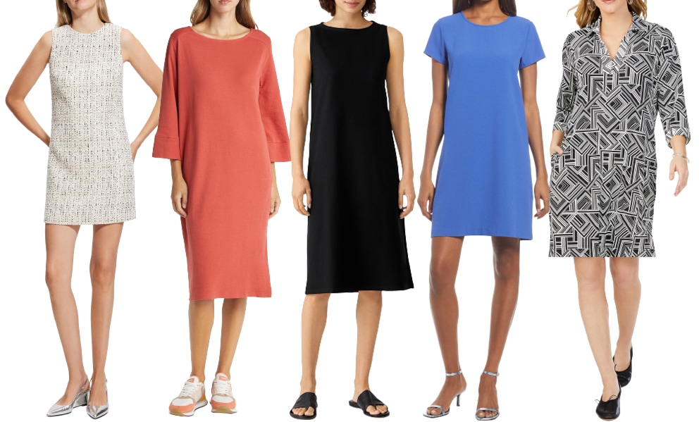 A shift dress is an understated dress that has a straight form that typically sits at the knees