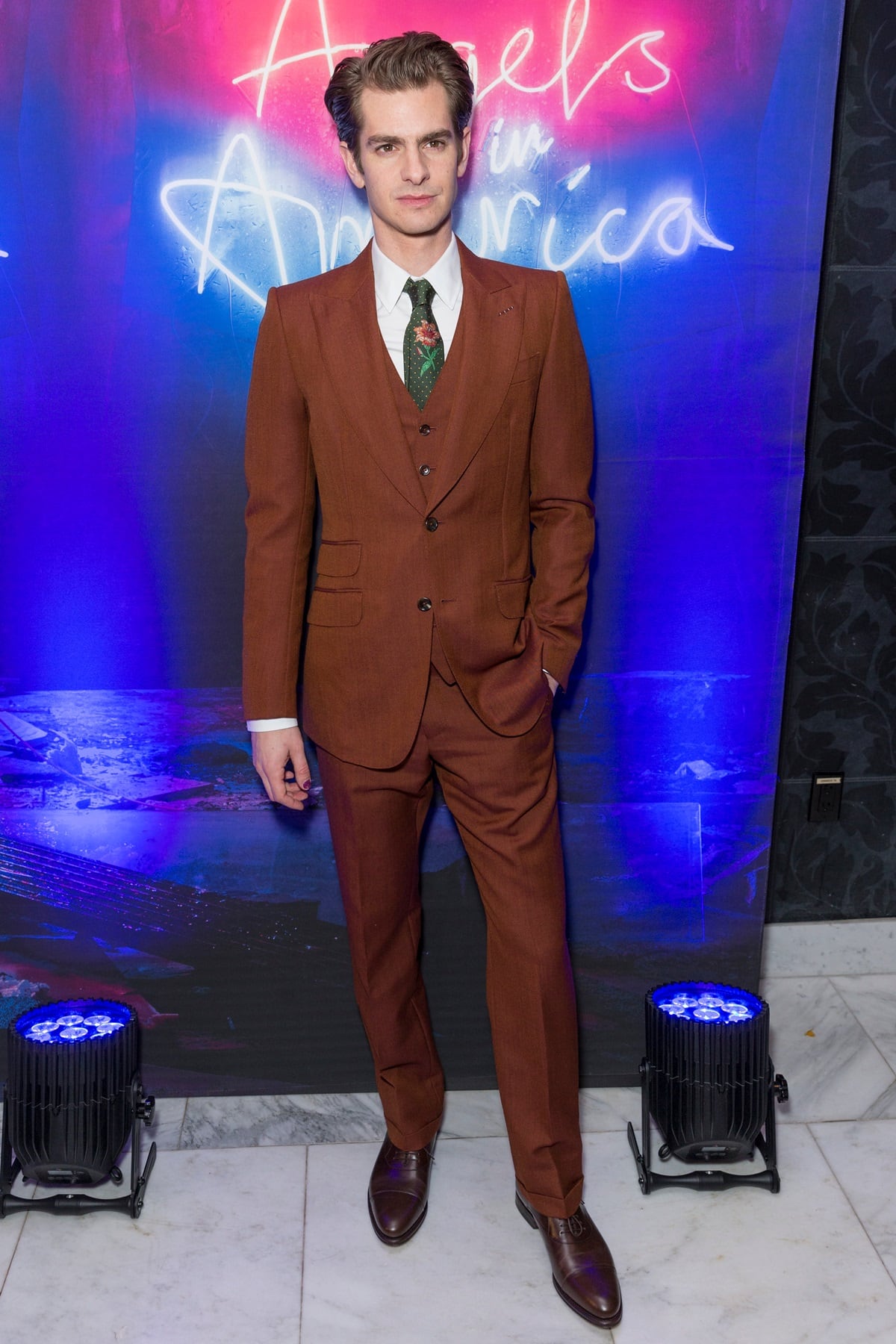 Andrew Garfield rocking a brown suit at the revival of Angels of America afterparty