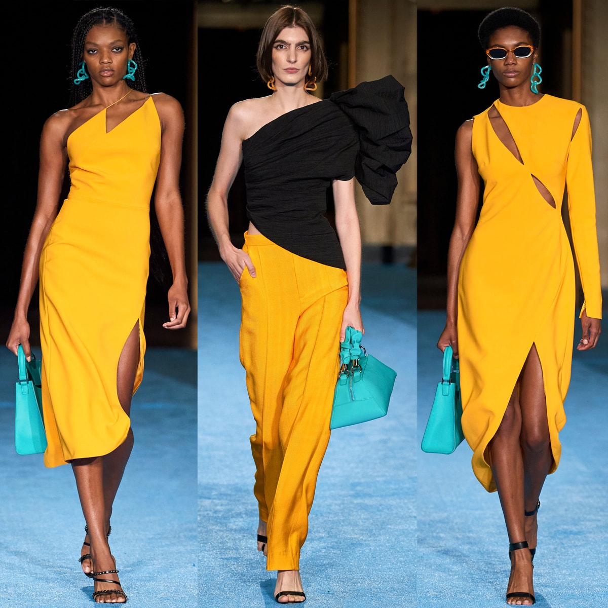 Christian Siriano color-blocked with accessories by styling a sunshine yellow garment with teal blue earrings and a matching bag for his Spring/Summer 2022 collection