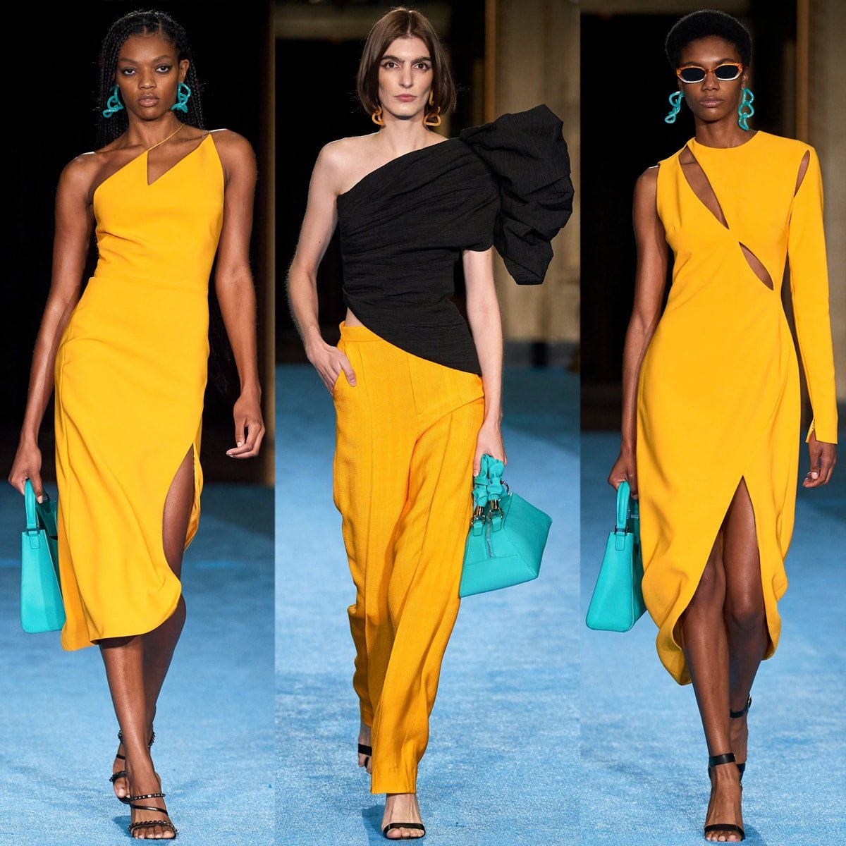 Christian Siriano color-blocked with accessories by styling a sunshine yellow garment with teal blue earrings and a matching bag for his Spring/Summer 2022 collection
