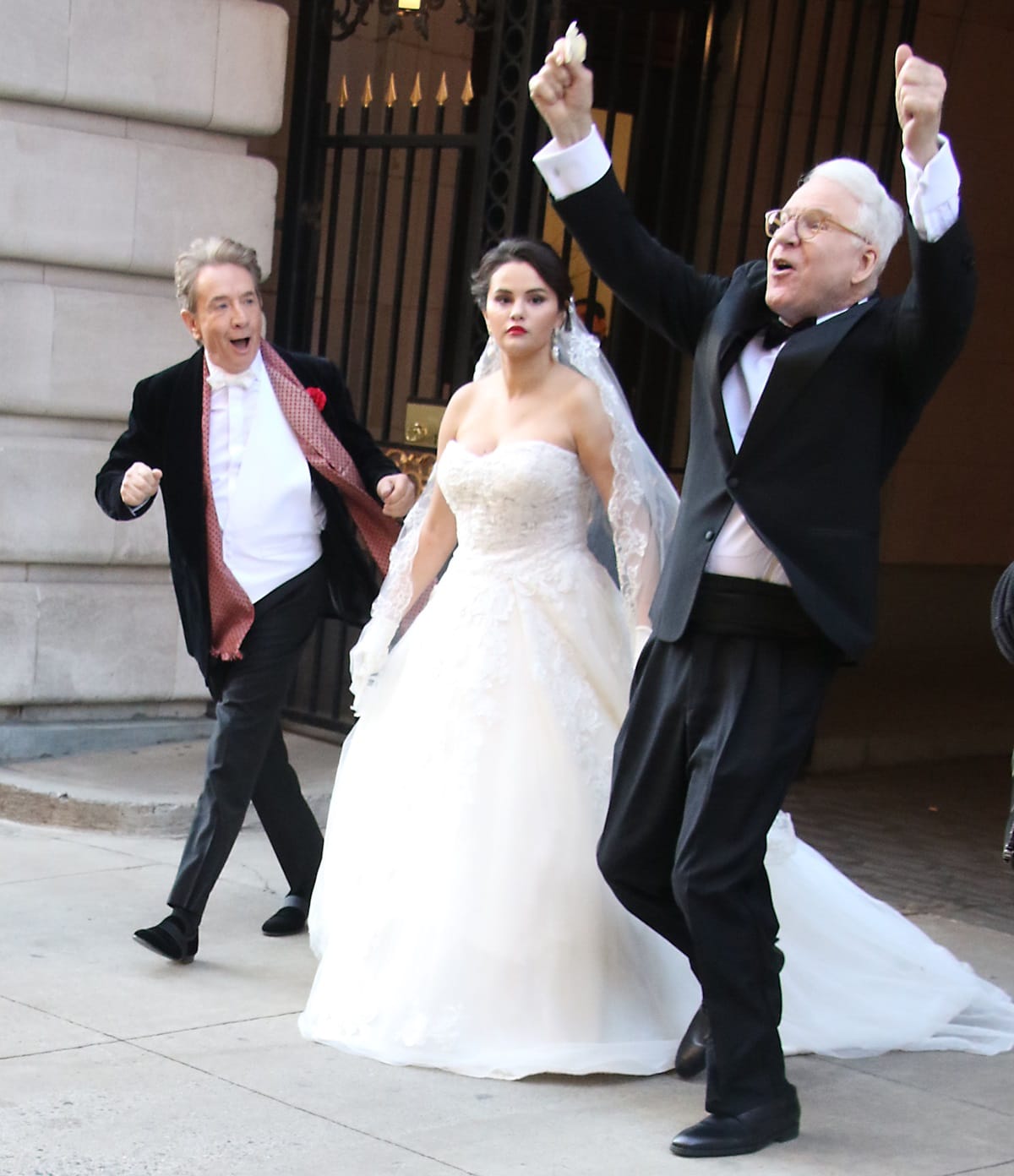 Actress Selena Gomez in a wedding dress filming scenes for season 3 of "Only Murders in the Building" with co-stars Steve Martin and Martin Short