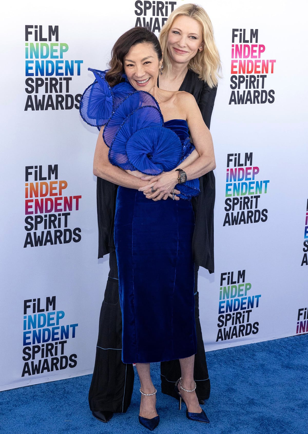 Michelle Yeoh and Cate Blanchett hug at the 38th Film Independent Spirit Awards held at Santa Monica Pier on March 4, 2023
