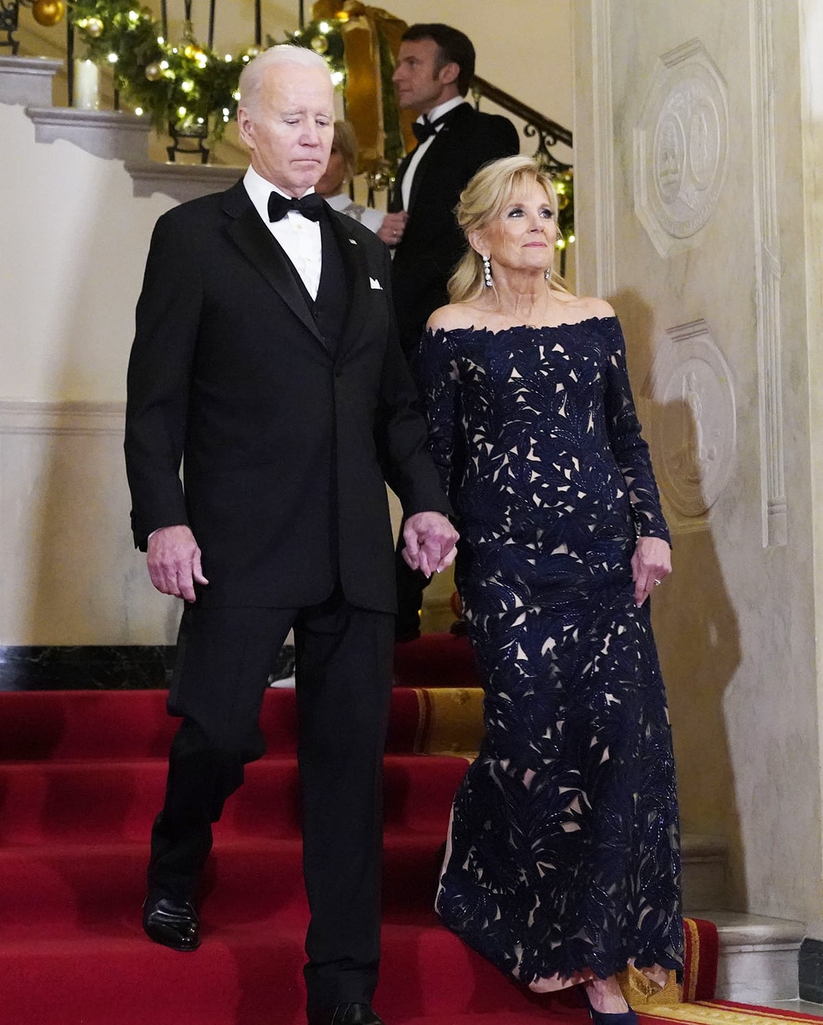 First Lady Dr. Jill Biden wearing a custom hand-beaded Oscar de la Renta gown for the first White House State Dinner of the Biden administration on December 2, 2022