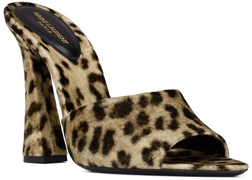 Called the Suite, these mules come in leopard-printed velour with open toes and flared high heels