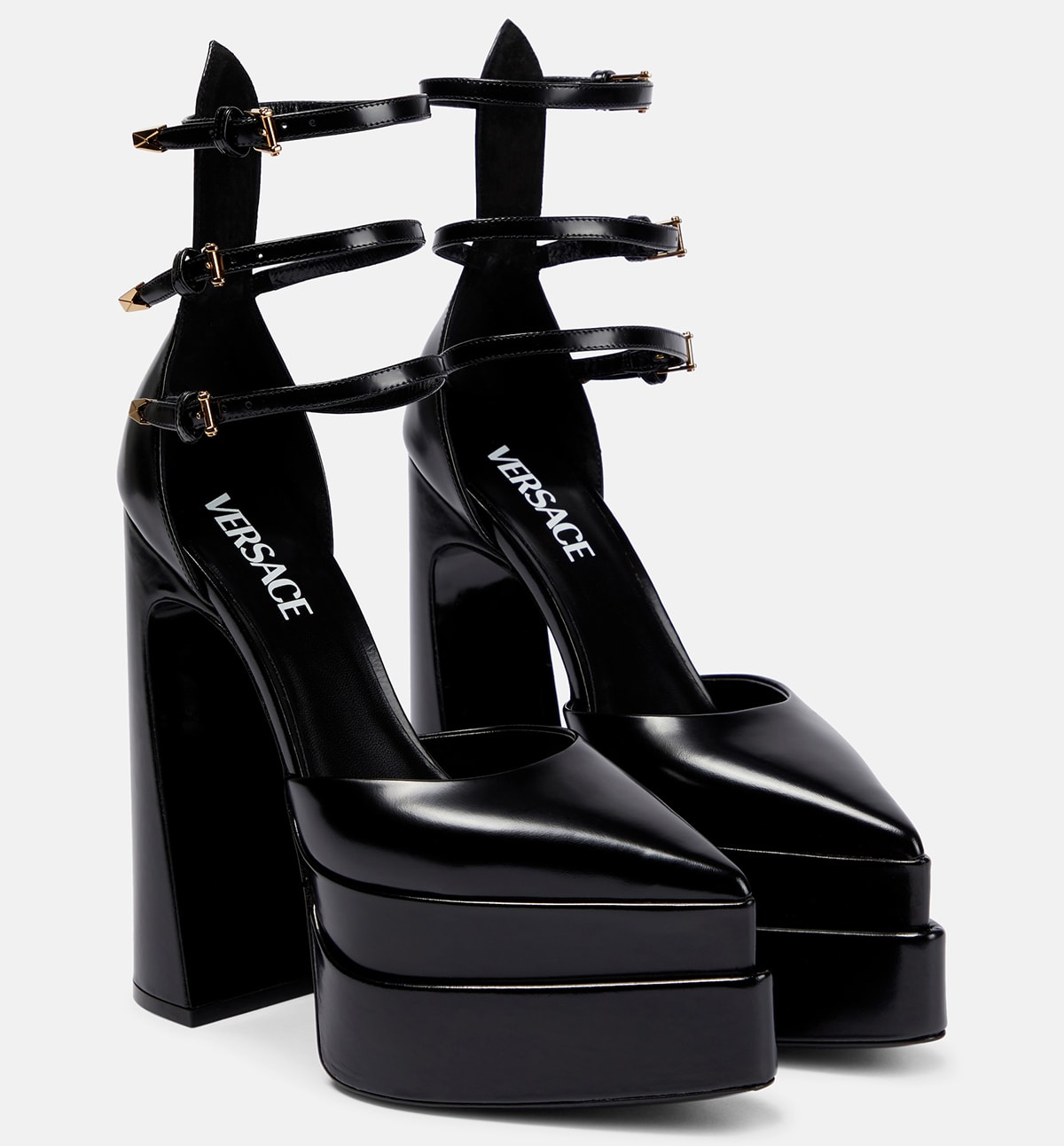 The Versace Aevitas pumps have two-tiered platforms, trio of ankle straps, and high block heels