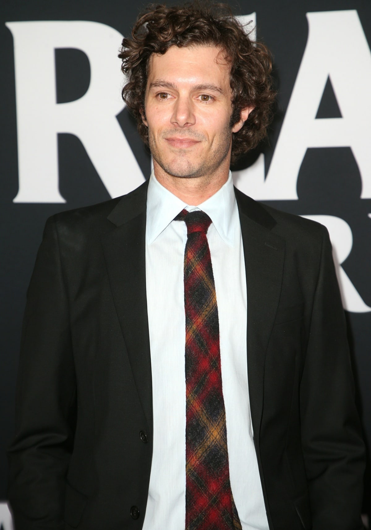 Adam Brody looks stylish in a classic suit paired with a plaid tie at the premiere of Ready or Not