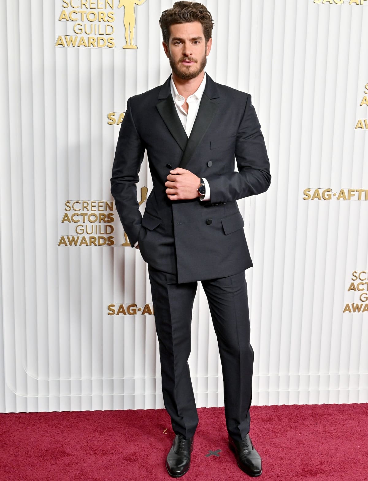 Andrew Garfield looking dapper in a custom Valentino suit with Santoni shoes at the 29th Annual Screen Actors Guild Awards