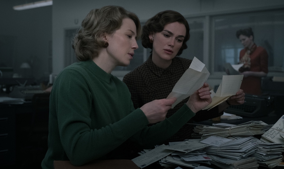Carrie Coon as Jean Cole and Keira Knightley as Loretta McLaughlin in the 2023 historical crime drama film Boston Strangler
