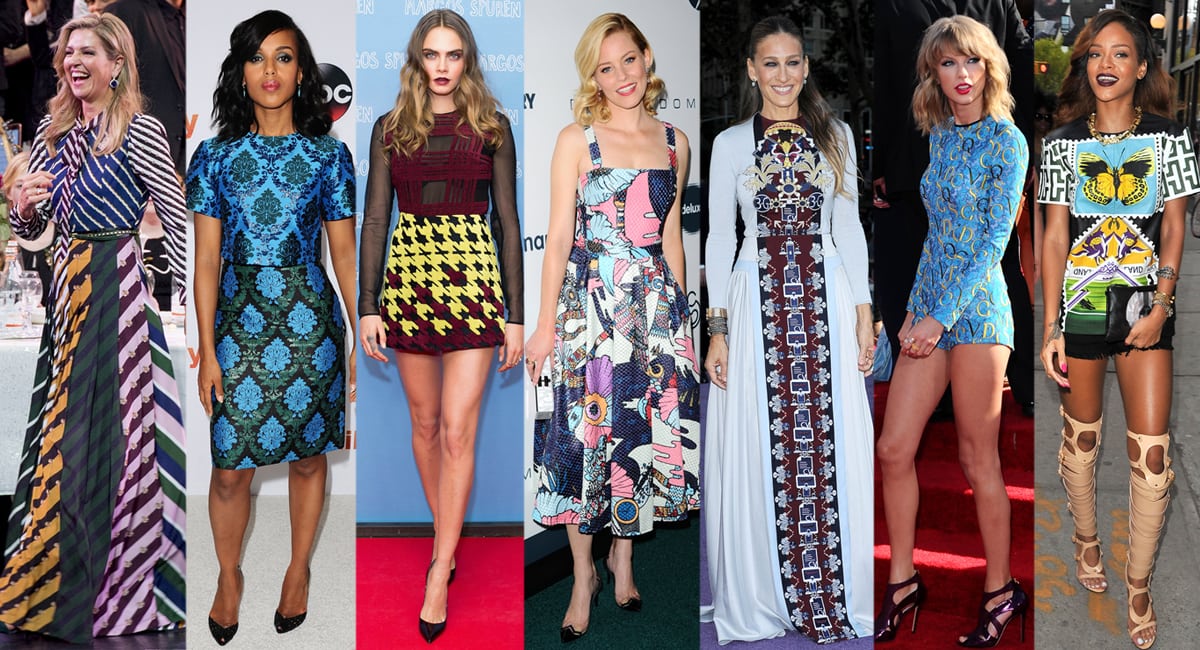 Queen Maxima of The Netherlands, actresses Kerry Washington, Cara Delevingne, Elizabeth Banks, and Sarah Jessica Parker, and singers Taylor Swift and Rihanna wearing Mary Katrantzou gowns and dresses